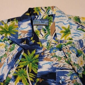 Roundy Bay Hawaiian Shirt Mens Large Blue Tropical Palm Tree Sailboat Cotton